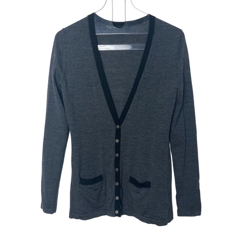 Banana Republic Womens Gray Merino Wool Cardigan Small Black Trim Preppy Classic